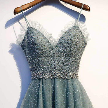 A-line Spaghetti Straps V-Neck Sofa Green Beaded Tulle Sparkly Vintag Long Prom Dresses PD1741