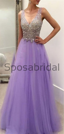 A-line Tulle V-Neck Strapless Fashion Sparkly Modest Prom Dresses, Long Prom Dresses PD1812