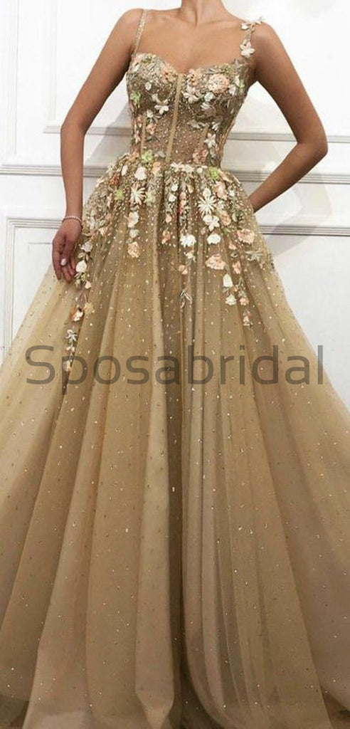 A-line Unique Deiagn Tulle Formal Modest Long Prom Dresses with appliques PD1614