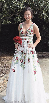 A-line Unique Deisgn Long Tulle Modest Long Prom Dresses wth appliques PD1546