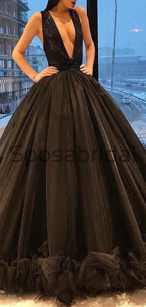 A-line V-Neck Black Tulle Elegant Modest Formal Vintage Prom Dresses, Long Prom Dress PD1813