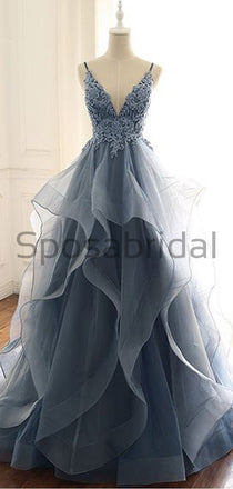 A-line V-Neck Lace Organza Long Real Made Formal Vintage Prom Dresses PD1754