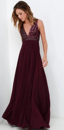 A-line long v-neck top sequin simple cheap chiffon prom dress, charming bridesmaid dress , PD0215