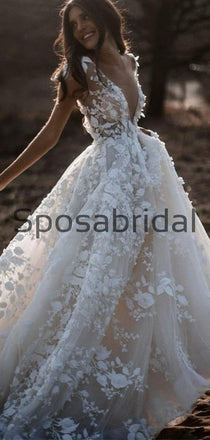 A Line Ivory V-Neck Country Beach Wedding Dresses with Appliques WD0533