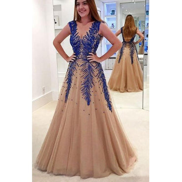 A Line V Neck Modest Elegant Hot Champagne Tulle Long Appliques Beading Prom Dresses ,PD1208