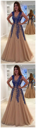 A Line V Neck Modest Elegant Hot Champagne Tulle Long Appliques Beading Prom Dresses ,PD1208