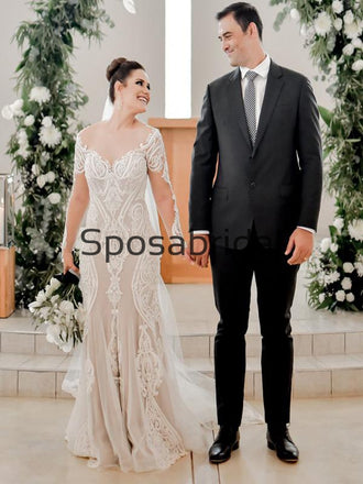 Attractive Long Seeves Mermaid Lace Chic Illusion Beach Long Wedding Dresses WD0544