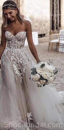 Beach A Line Tulle Applique Floor Length Wedding Dresses, Sweetheart Strapless Sleeveless Zipper Wedding Gowns, WD0351