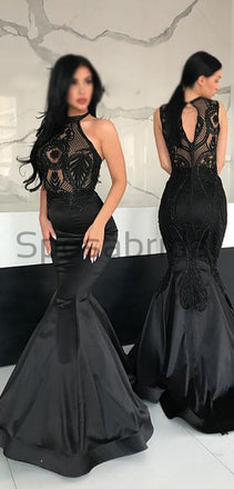 Black Halter Mermaid Tight Satin Formal Modest Long Prom Dresses PD1616