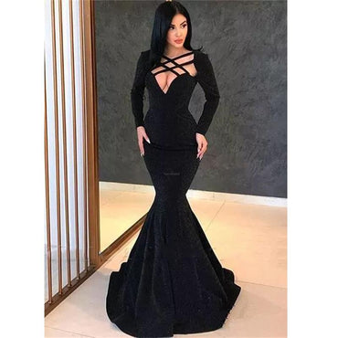 Black Long Sleeves Mermaid Elegant Formal Sexy Cheap Long Prom Dresses  PD1443