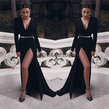 Black Long Sleeves Mermaid Side Slit Simple Elegant Formal Sexy Cheap Long Prom Dresses PD1444
