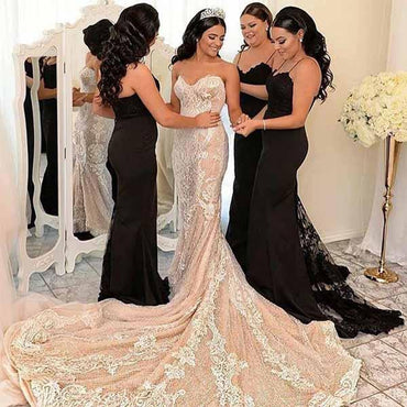 Black Mermiad Long Spaghetti Straps Sexy Elegant Modest Cheap Bridesmaid Dresses, prom dress,WG240 - SposaBridal