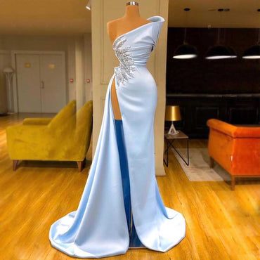 Blue Cheap Unique One Shoulder Simple Modest Mermaid Prom Dresses PD2200