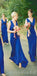 Blue Elegant  Formal Beautiful Spandex V-neck Neckline Floor Length Sheath  Bridesmaid Dresses WG561