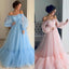 Blue Pink Tulle Off the Shoulder A-line Long Sleeves Fashion Unique Prom Dresses PD1410