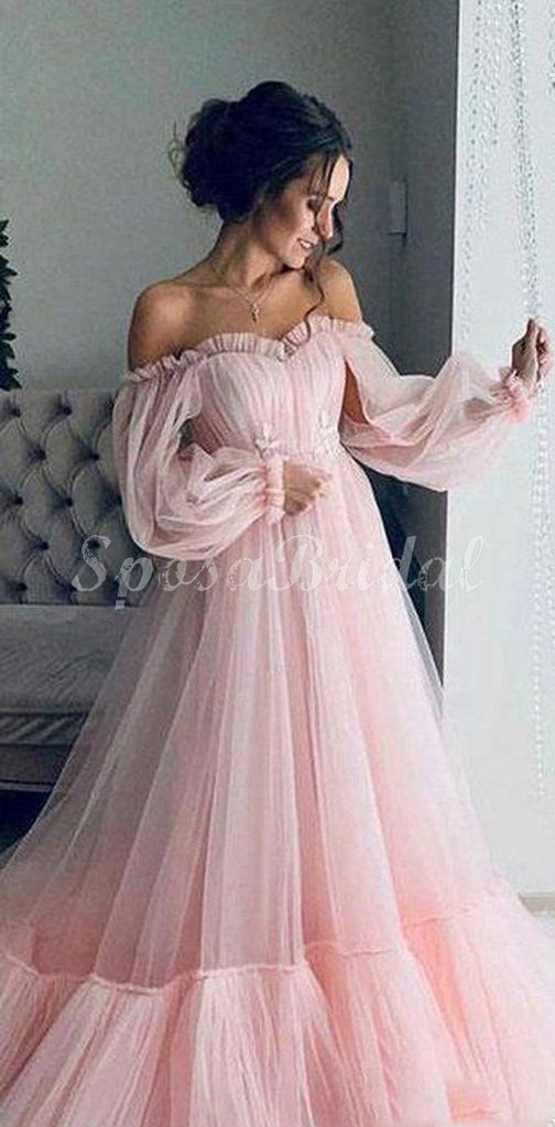 Blue Pink Tulle Off the Shoulder A-line Long Sleeves Fashion Unique Prom Dresses PD1410