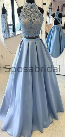 Blue Two Pieces Lace Satin A-line High Neck Long Modest Prom Dresses, Prom Dress PD1828