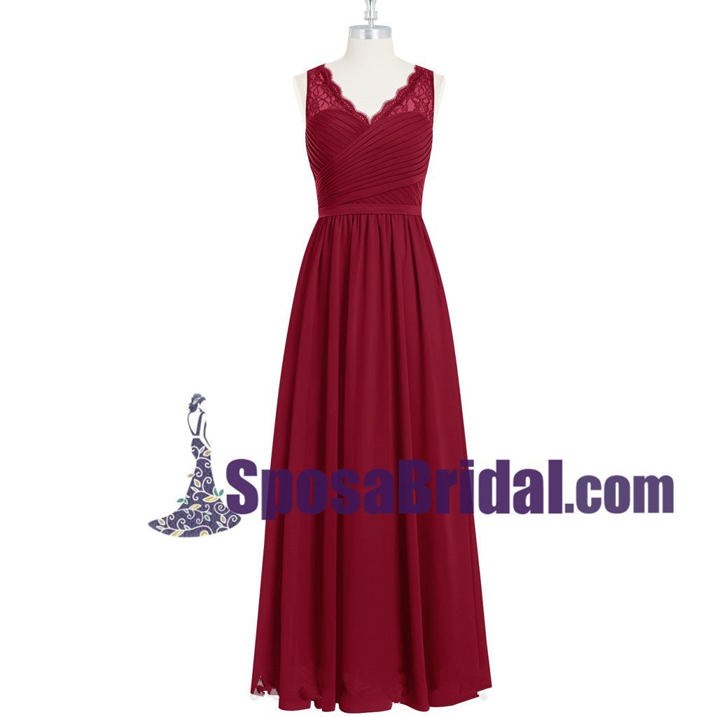 Burgundy Long Chiffon Floor-length Cheap Popular V Neck Bridesmaid Dresses, Wedding Party Dresses , WG236 - SposaBridal