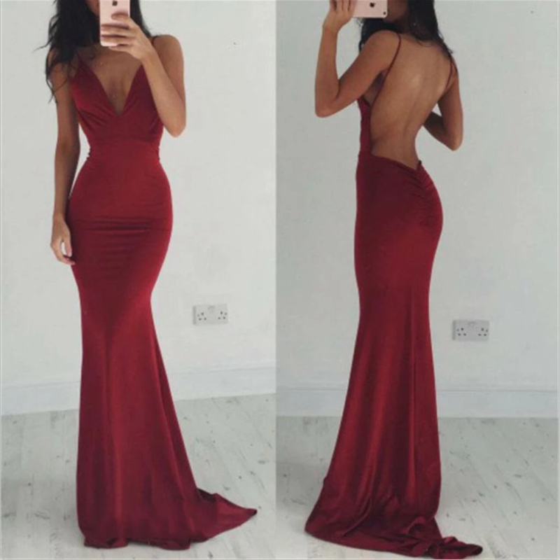 Burgundy Open Back Jersey Spaghetti Strap Mermaid V Neck Long Prom Dresses  PD1168-2