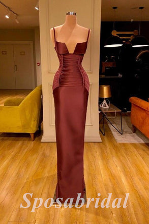 Elegant Satin Spaghetti Straps V-Neck Sleeveless Mermaid Long Prom Dresses, PD3612