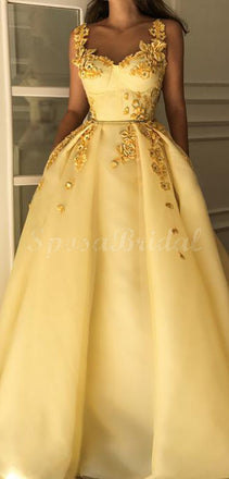 Elegant Baby Yellow A-line Floral Long Prom Dress, Ball Gown, PD1420