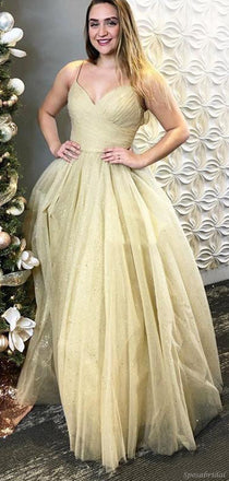 Charming A-Line Spaghetti Straps Tulle Long Prom Dresses PD2393