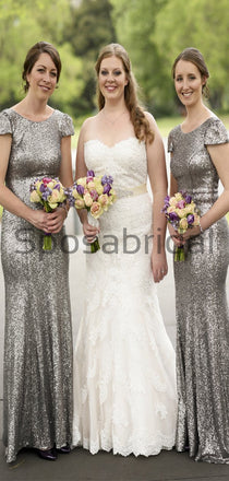 Charming Gray Sequin Mermaid Cap Sleeves Modest Bridesmaid Dresses WG795