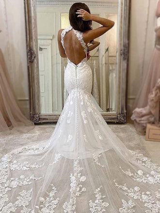 Charming Mermaid High Neck Lace Vintage Modest Wedding Dresses WD0422