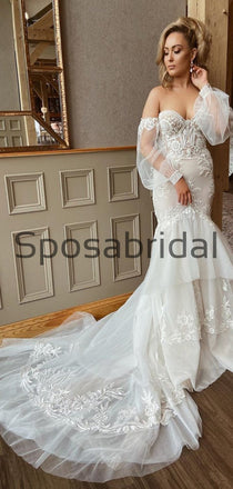 Charming Mermaid Lace Vintage Country Modest Wedding Dresses WD0424
