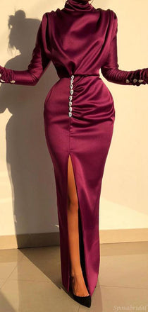 Elegant Mermaid Purple Long-sleeve High Neck Side Slit Prom Dresses, PD1952