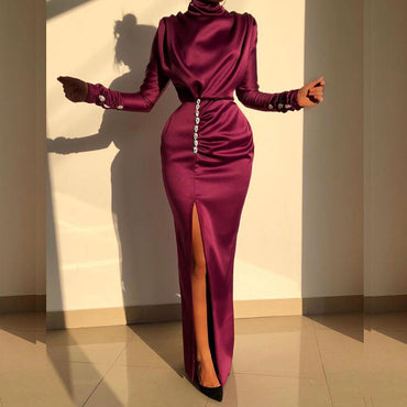 Elegant Mermaid Purple Long-sleeve High Neck Side Slit Prom Dresses, PD1952