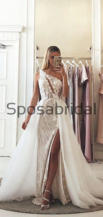 Charming One Shoulder Unique Lace Romantic Wedding Dresses WD0441