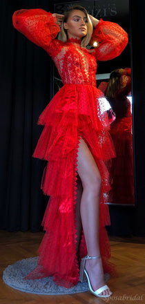 Charming Red Fashion Lantern Sleeve High Fork Tulle Long Prom Dresses PD1956
