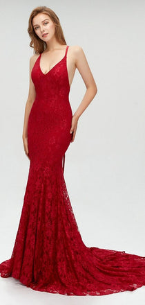 Charming Red Lace Spaghetti Straps Sexy Mermaid Prom Dresses, Evening Dress, PD0438