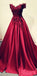 Charming A-Line Off-the-Shoulder Pleated Burgundy Satin Prom Dress with Appliques, PD1223