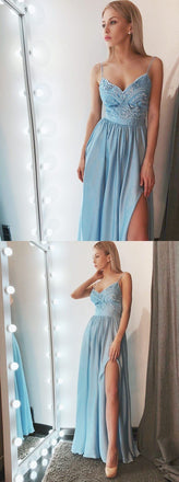 Charming Cheap A-Line Spaghetti Straps Blue Prom Party Dresses with Appliques, PD1224