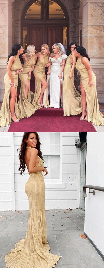 Charming Custom Sparkly Sheath Halter Backless Long Gold Bridesmaid Dresses with Split, WG398 - SposaBridal
