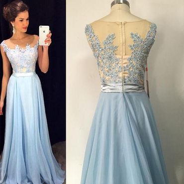 Charming Lace chiffon Blue  Cheap Long V Neck Formal  Pretty Elegant Prom Dresses,PD0613 - SposaBridal