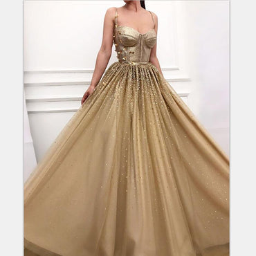 Charming Long Gold  Spaghetti Straps Gorgeous Sparkly Modest Prom Dresses, Evening dresses, PD0903 - SposaBridal