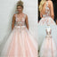 Charming Modest Pretty Tulle V-Neck Princess Pink Long Prom Dresses with Appliques, PD1380