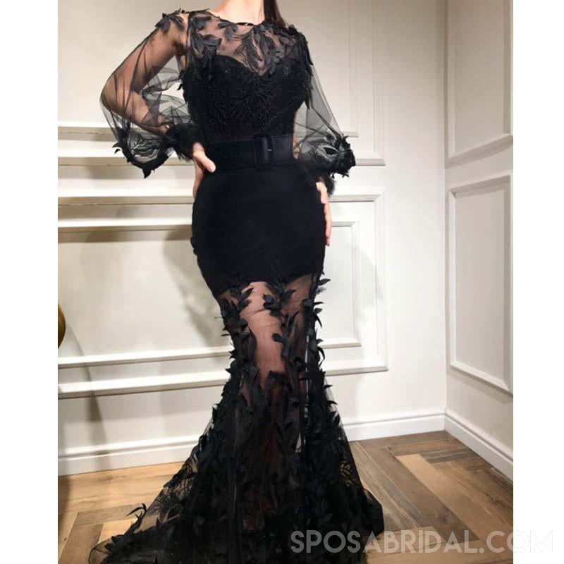 Charming  New Arrival Long Sleeves Mermaid Black Modest Fashion Formal Elegant Prom Dresses , PD1150