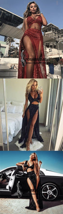 Charming Sexy Sequin Sparkly Simple Red and Black Split Fashion Popular Prom Dresses, Evening dresses, PD0778 - SposaBridal