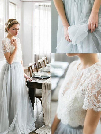 Dusty Blue Cheap Lace and Tulle Two Pieces A-line Prom Dresses, Wedding Dresses, PD0465