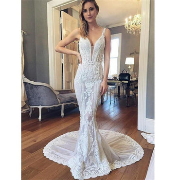 Cheap Beach Simple Mermaid V-Neck Backless Train Court Train Wedding Dress with Appliques, WD0087 - SposaBridal