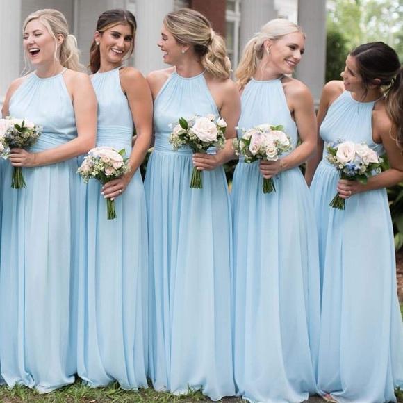 Cheap Chiffon Newest Beach Affordable High Neck Blue Popular Simple Long Bridesmaid Dress, PD0401 - SposaBridal