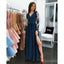 Long Sleeves Navy Blue Side Slit Modest V Neck Elegant Prom Dresses, Evening Dresses, PD1273