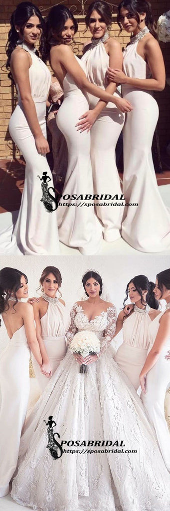 Cheap Modest Elegant Beaded High Neck Mermaid Backless Long Bridesmaid Dresses, Evening Dress , WG296 - SposaBridal
