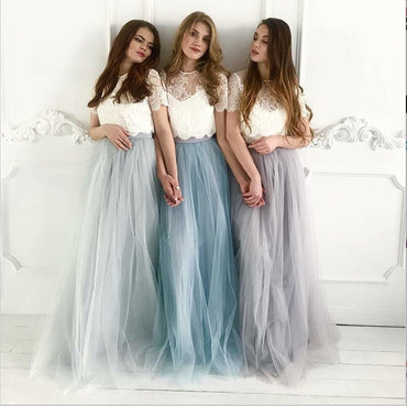 Cheap Two Piece Round Neck Long Light Blue Grey Silver Purple Lilac Tulle With Top Lace  Bridesmaid Dresses, WG270