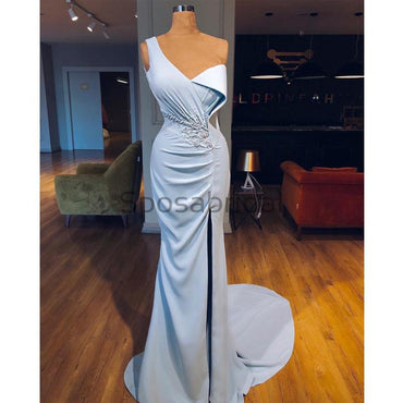 Cheap One Shoulder Blue Side Slit Unique Elegant Mermaid Formal Long Prom Dresses PD1795