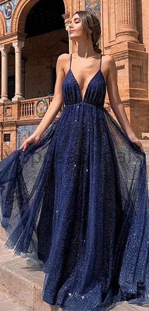 Cheap Saghetti Straps Navy Blue V-neck Sequin A-line Long Fashion Prom Dresses PD1447